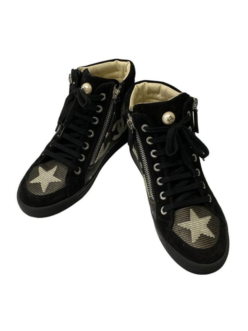 Chanel Sneakers 35.5 Black Brown Ivory High Cut Border - Picture 2 of 9